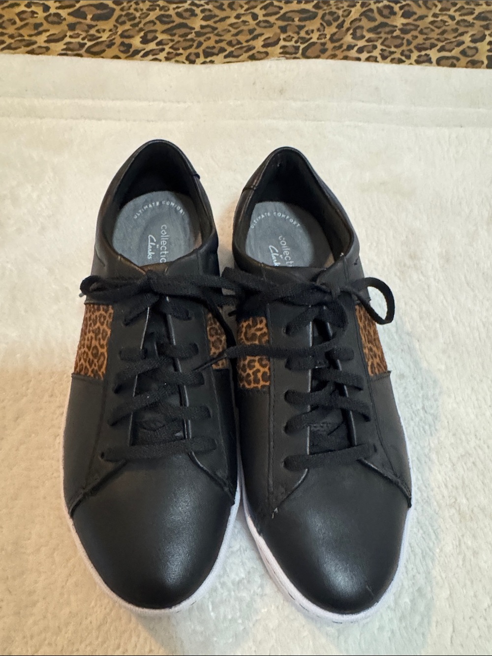 NWOT Clark's Pawley Riley Sneakers in Black Leather w: Leopard Panels